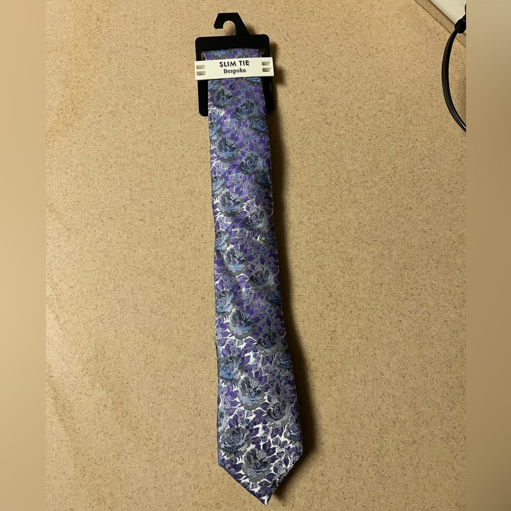 NEW Bespoke Slim Tie - Purple & Blue Floral - Picture 3 of 5